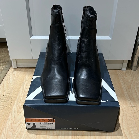 Zara Black Leather Square Toe Boots in Size 6 - Picture 1 of 7